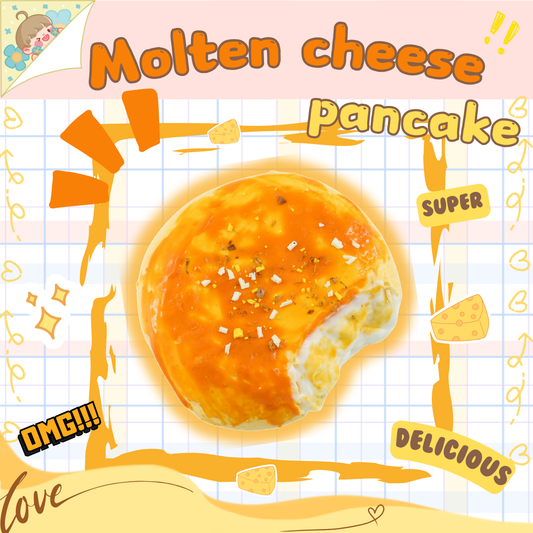 Molten cheese pancake squishy toy with soft filling and realistic topping
